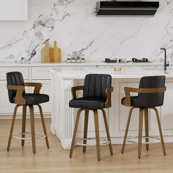 Zelen Swivel Counter Stool in Black Rebo Leather with Leather Backrest