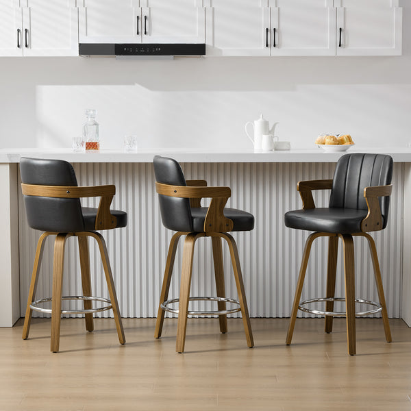 Zelen Swivel Counter Stool in Black Rebo Leather with Leather Backrest