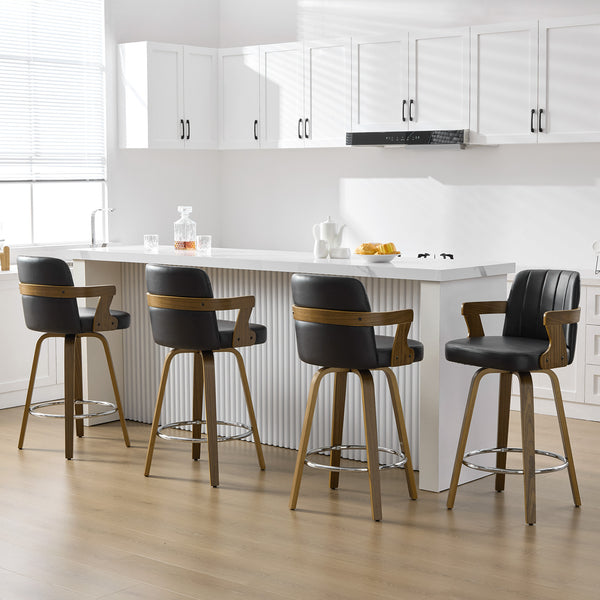 Zelen Swivel Counter Stool in Black Rebo Leather with Leather Backrest