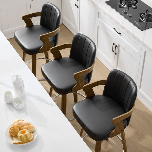 Zelen Swivel Counter Stool in Black Rebo Leather with Leather Backrest