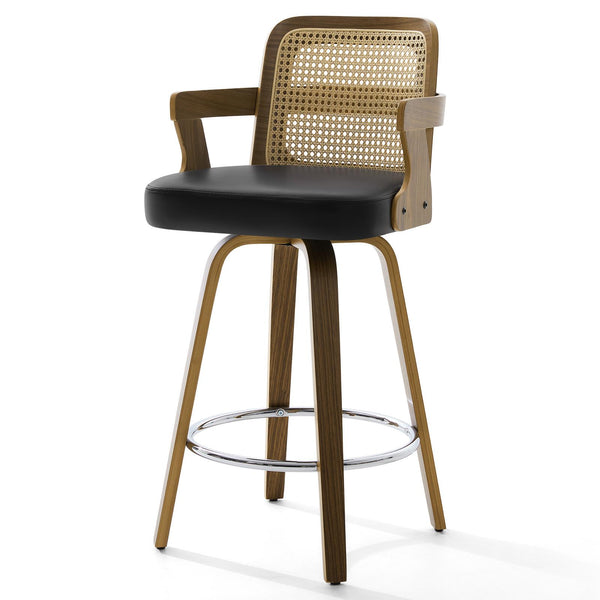 Zelen Swivel Counter Stool in Black Rebo Leather with Rattan Backrest