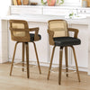 Zelen Swivel Counter Stool in Black Rebo Leather with Rattan Backrest