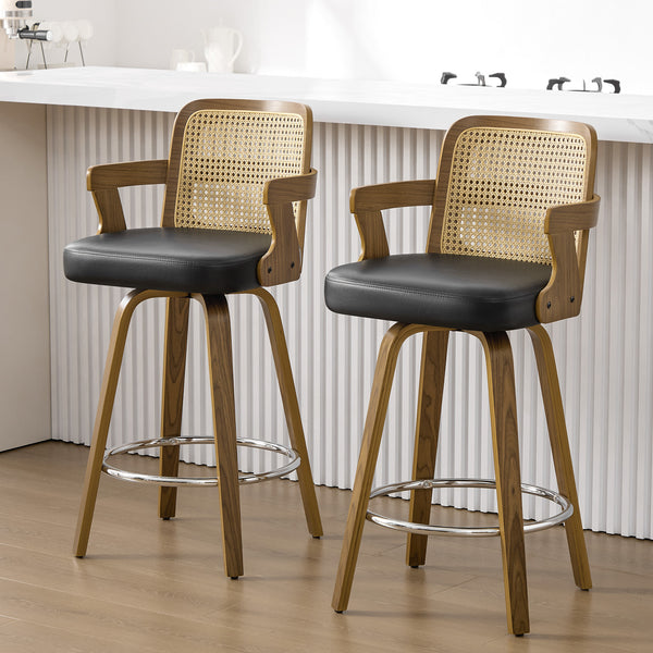 Zelen Swivel Counter Stool in Black Rebo Leather with Rattan Backrest