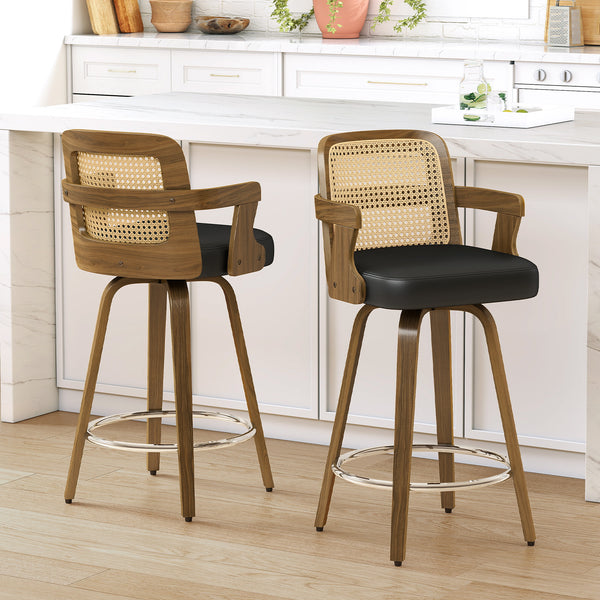 Zelen Swivel Counter Stool in Black Rebo Leather with Rattan Backrest