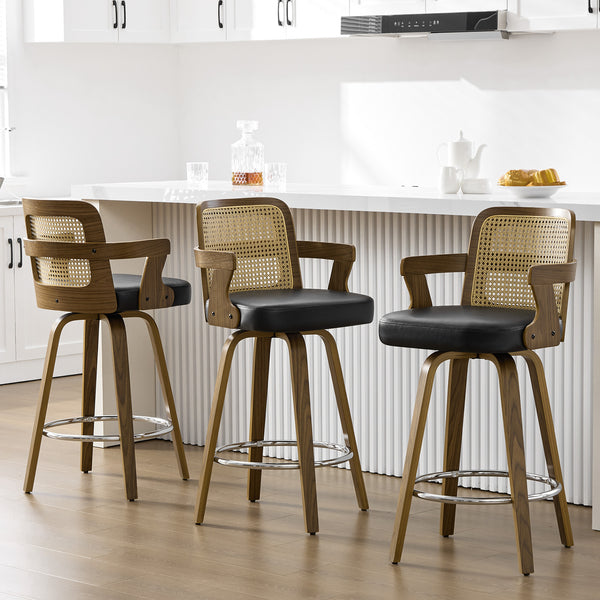 Zelen Swivel Counter Stool in Black Rebo Leather with Rattan Backrest