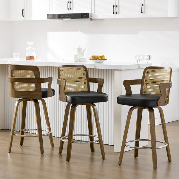 Zelen Swivel Counter Stool in Black Rebo Leather with Rattan Backrest