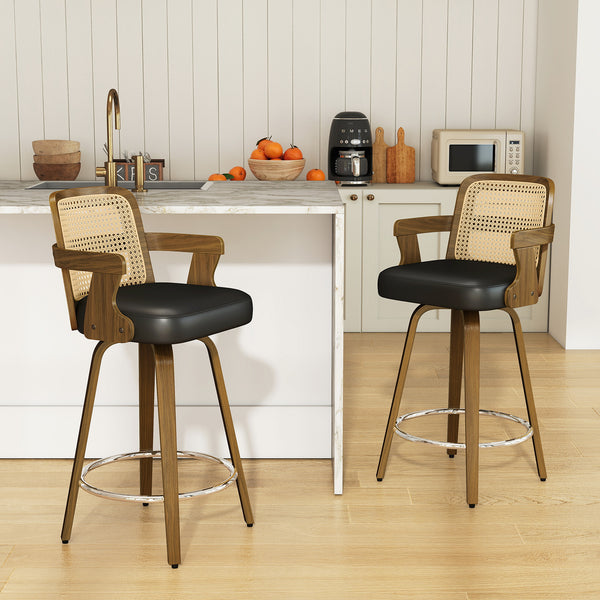 Zelen Swivel Counter Stool in Black Rebo Leather with Rattan Backrest