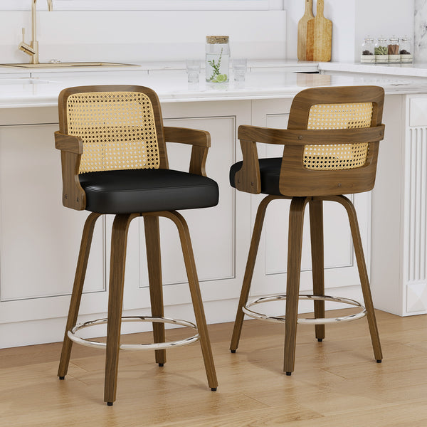 Zelen Swivel Counter Stool in Black Rebo Leather with Rattan Backrest