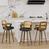 Zelen Swivel Counter Stool in Black Rebo Leather with Rattan Backrest