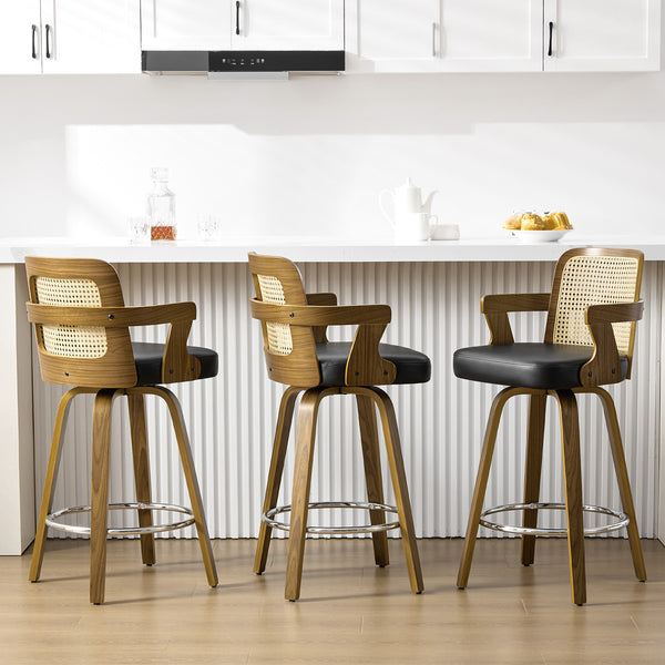 Zelen Swivel Counter Stool in Black Rebo Leather with Rattan Backrest