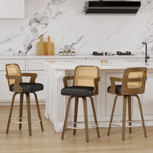 Zelen Swivel Counter Stool in Black Rebo Leather with Rattan Backrest