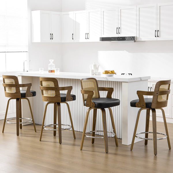 Zelen Swivel Counter Stool in Black Rebo Leather with Rattan Backrest