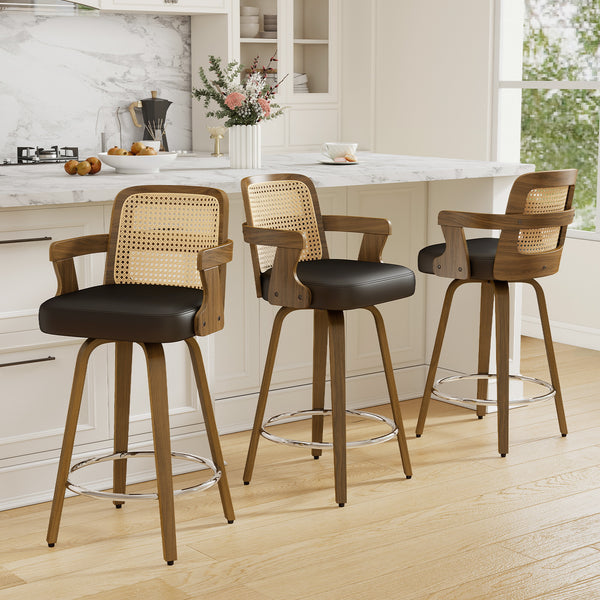 Zelen Swivel Counter Stool in Black Rebo Leather with Rattan Backrest