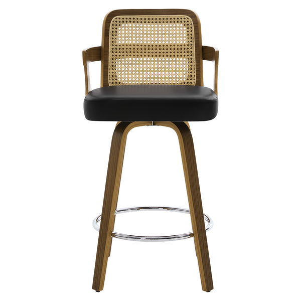 Zelen Swivel Counter Stool in Black Rebo Leather with Rattan Backrest