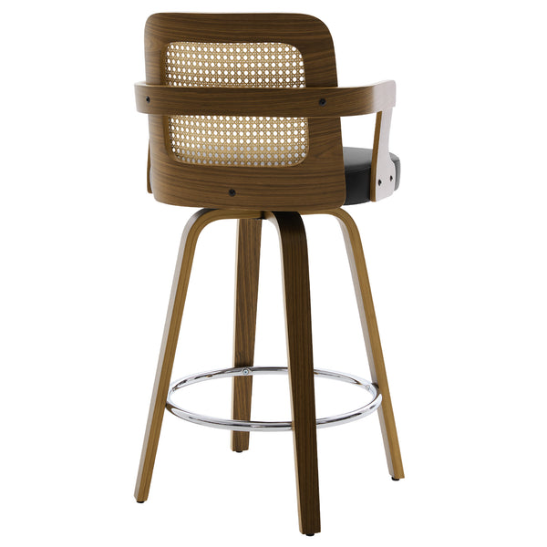 Zelen Swivel Counter Stool in Black Rebo Leather with Rattan Backrest