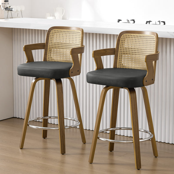 Zelen Swivel Counter Stool in Charcoal Sarma Leather with Rattan Backrest