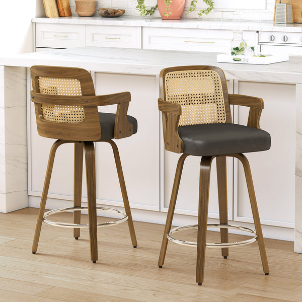 Zelen Swivel Counter Stool in Charcoal Sarma Leather with Rattan Backrest