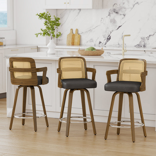 Zelen Swivel Counter Stool in Charcoal Sarma Leather with Rattan Backrest