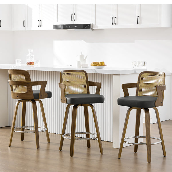 Zelen Swivel Counter Stool in Charcoal Sarma Leather with Rattan Backrest