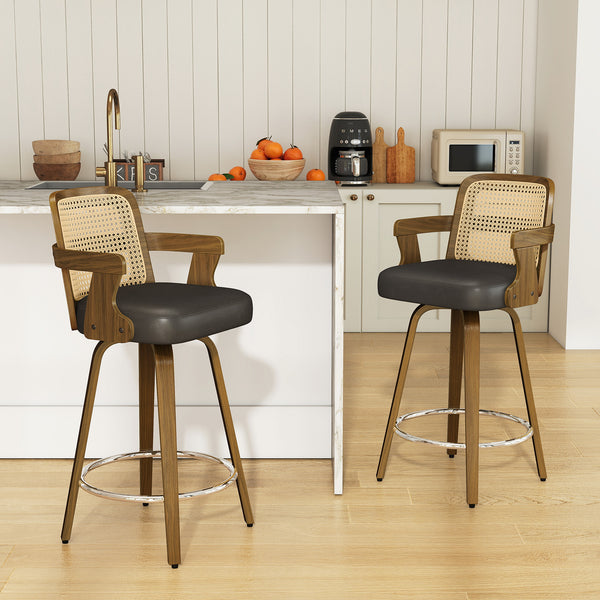 Zelen Swivel Counter Stool in Charcoal Sarma Leather with Rattan Backrest