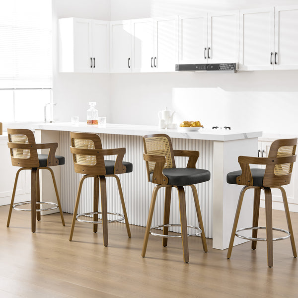 Zelen Swivel Counter Stool in Charcoal Sarma Leather with Rattan Backrest