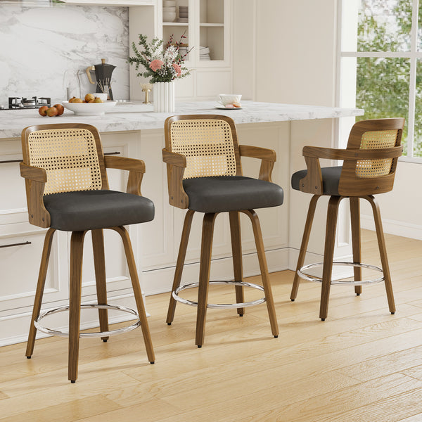 Zelen Swivel Counter Stool in Charcoal Sarma Leather with Rattan Backrest