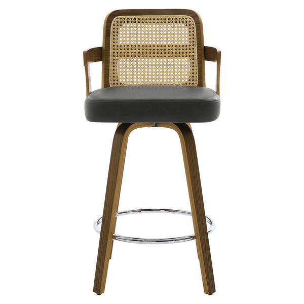 Zelen Swivel Counter Stool in Charcoal Sarma Leather with Rattan Backrest