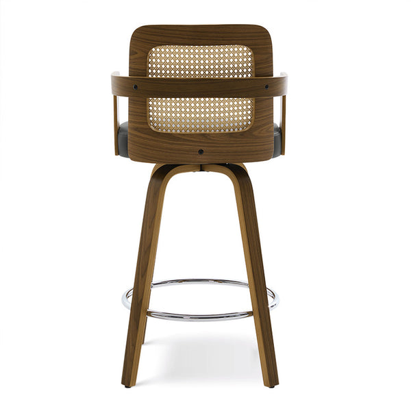 Zelen Swivel Counter Stool in Charcoal Sarma Leather with Rattan Backrest