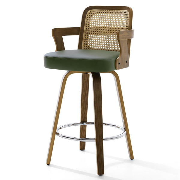 Zelen Swivel Counter Stool in Green Hans Leather with Rattan Backrest