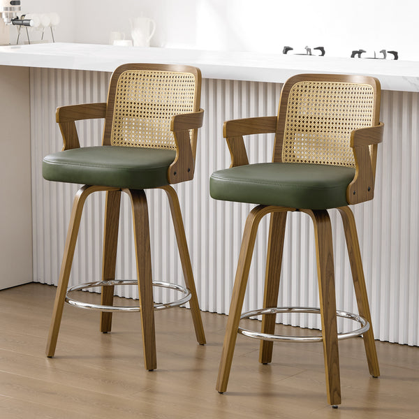 Zelen Swivel Counter Stool in Green Hans Leather with Rattan Backrest