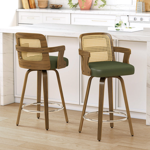Zelen Swivel Counter Stool in Green Hans Leather with Rattan Backrest