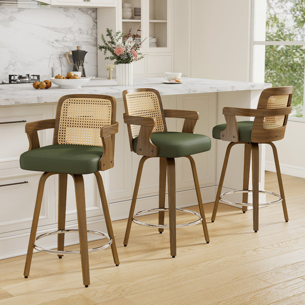 Zelen Swivel Counter Stool in Green Hans Leather with Rattan Backrest