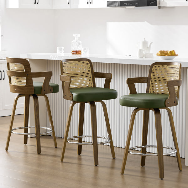 Zelen Swivel Counter Stool in Green Hans Leather with Rattan Backrest