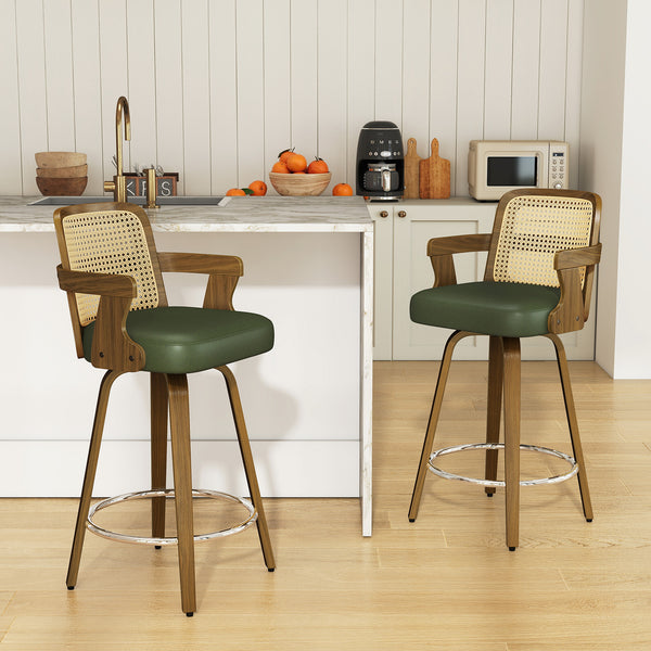 Zelen Swivel Counter Stool in Green Hans Leather with Rattan Backrest