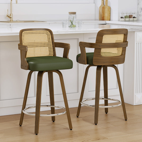 Zelen Swivel Counter Stool in Green Hans Leather with Rattan Backrest