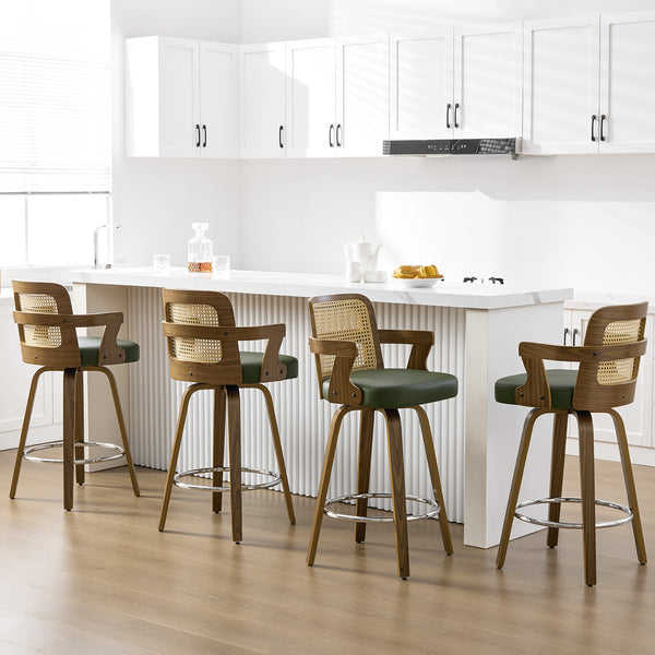 Zelen Swivel Counter Stool in Green Hans Leather with Rattan Backrest