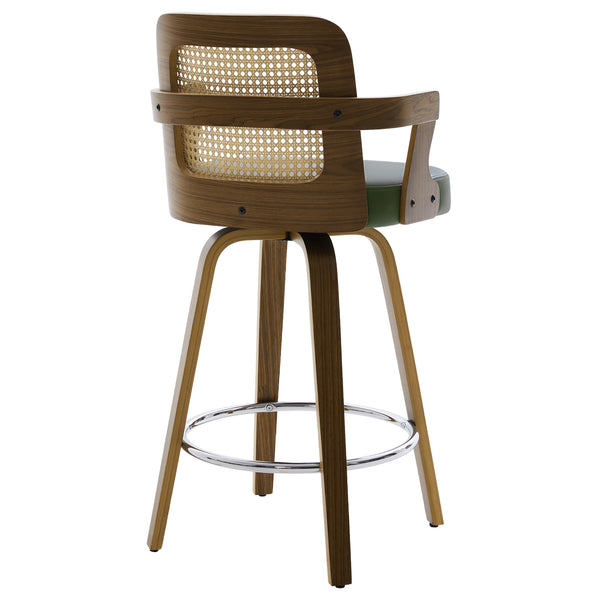 Zelen Swivel Counter Stool in Green Hans Leather with Rattan Backrest