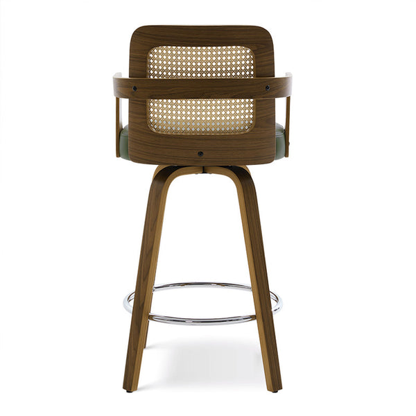Zelen Swivel Counter Stool in Green Hans Leather with Rattan Backrest