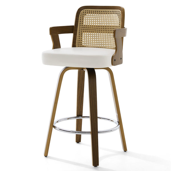Zelen Swivel Counter Stool in White Rebo Leather with Rattan Backrest
