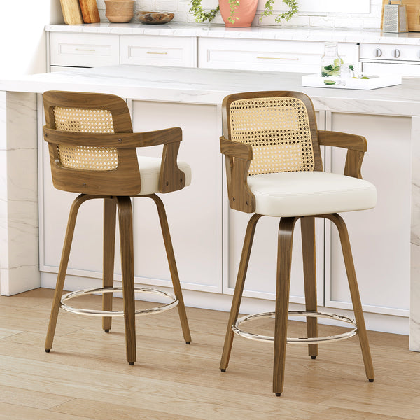 Zelen Swivel Counter Stool in White Rebo Leather with Rattan Backrest