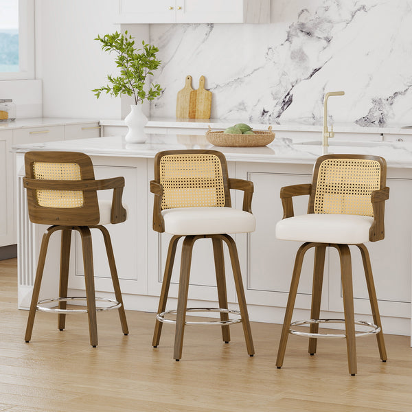 Zelen Swivel Counter Stool in White Rebo Leather with Rattan Backrest