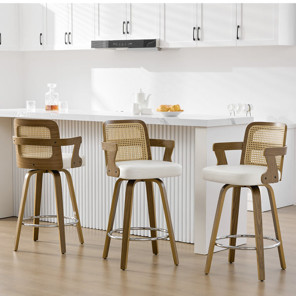 Zelen Swivel Counter Stool in White Rebo Leather with Rattan Backrest