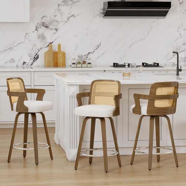 Zelen Swivel Counter Stool in White Rebo Leather with Rattan Backrest