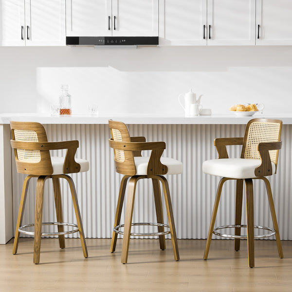Zelen Swivel Counter Stool in White Rebo Leather with Rattan Backrest