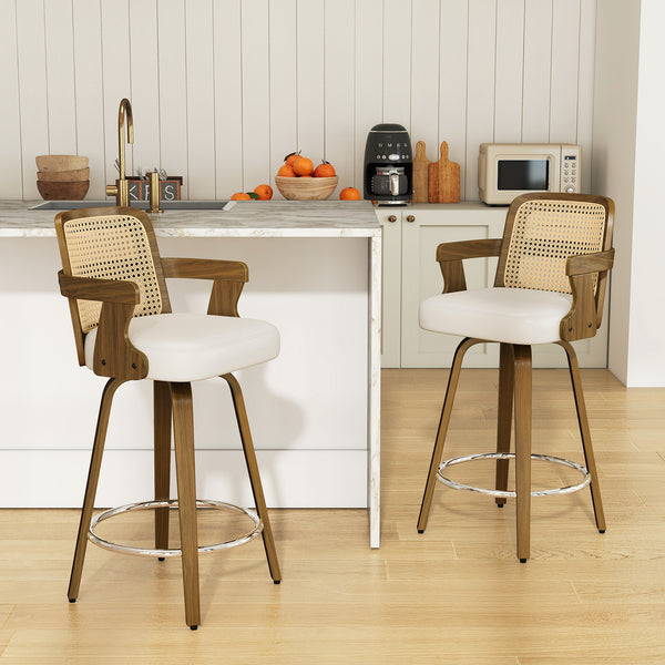 Zelen Swivel Counter Stool in White Rebo Leather with Rattan Backrest