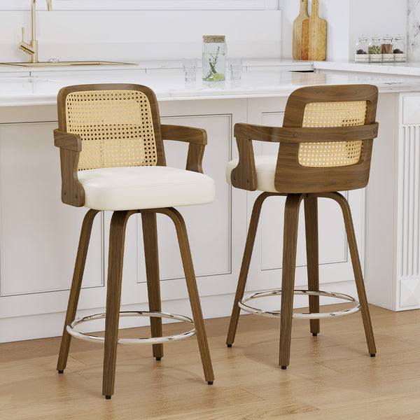 Zelen Swivel Counter Stool in White Rebo Leather with Rattan Backrest