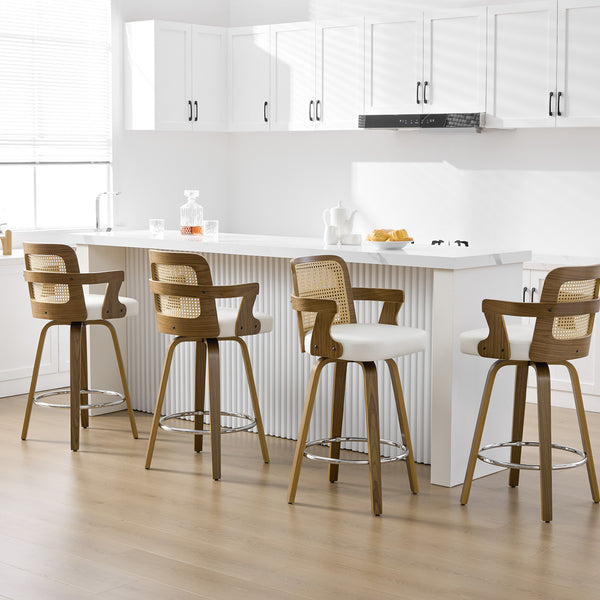 Zelen Swivel Counter Stool in White Rebo Leather with Rattan Backrest