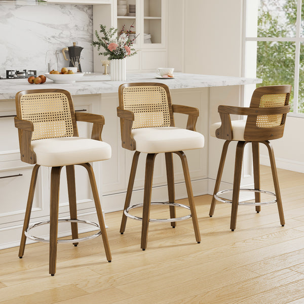 Zelen Swivel Counter Stool in White Rebo Leather with Rattan Backrest