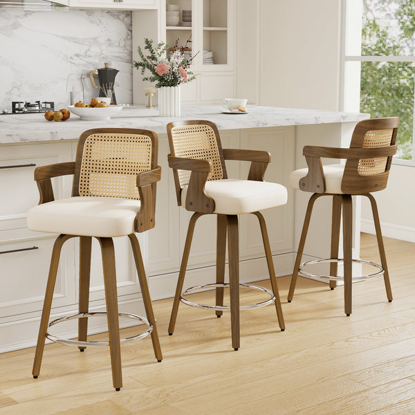 Zelen Swivel Counter Stool in White Rebo Leather with Rattan Backrest