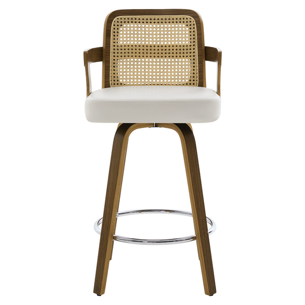 Zelen Swivel Counter Stool in White Rebo Leather with Rattan Backrest